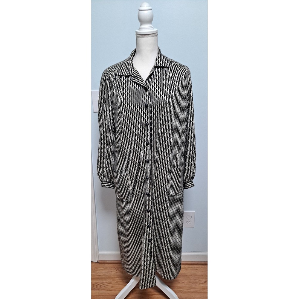 Vintage 70s Henry Lee Sz 16 Petites Shift Dress Pin Stripe Black Tanβ Geometric